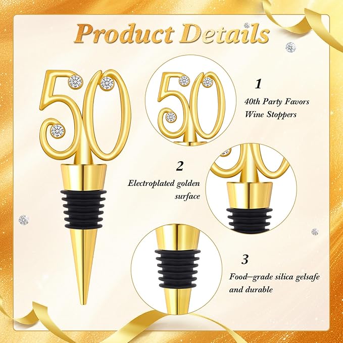 30Pcs 50th Birthday Wine Stopper Party Favors 50th Gold Wedding Favor Wine Bottle Stoppers 50 Birthday Party Souvenirs for Guests Wine Stoppers Gift Box for Wedding Anniversary Decorations (50th)