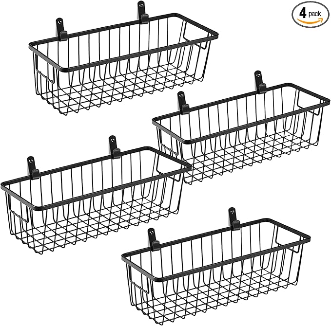 SheeChung Farmhouse Metal Wire Bin Basket with Wall Mount - Small, 4 Pack - Portable Hanging Wall Basket, Rustic Home Storage Organizer for Cabinets, Pantry, Closets, Bathroom, Kitchen,Bedroom(Black)