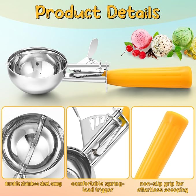 Reallnaive 4 Pcs Release Cookie Scoops Ice Cream Scooper with Trigger Release Portion Scoop Stainless Steel for Portion Control, Baking Food, Cookie Dough (1.6 oz,Yellow)