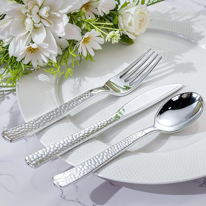 WELLIFE 50 Pack Silver Plastic Silverware with Pre Rolled Napkins,Wrapped Silverware Set Disposable,Includes:50 Forks, 50 Knives, 50 Spoons, 50 Napkins,Utensils Plastic Disposable