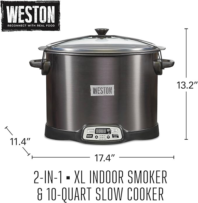 WESTON BRANDS 2-in-1 XL Programmable Slow Cooker & Electric Indoor Smoker, 10 Quart, With 3-Tier Smoking Rack for Meat, Cheese and More, Dishwasher Safe Crock, Temperature Probe, Black (03-2601-W)