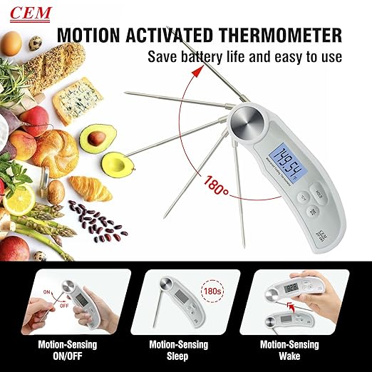 CEM Professional 3X Faster 0.5sec Instant Read Meat Thermometer Digital, High Accuracy ±0.5°F, IP67 Waterproof, 5.9" with Ambidextrous Instant Read Thermometer Backlight Fry Oil Candy Thermometer