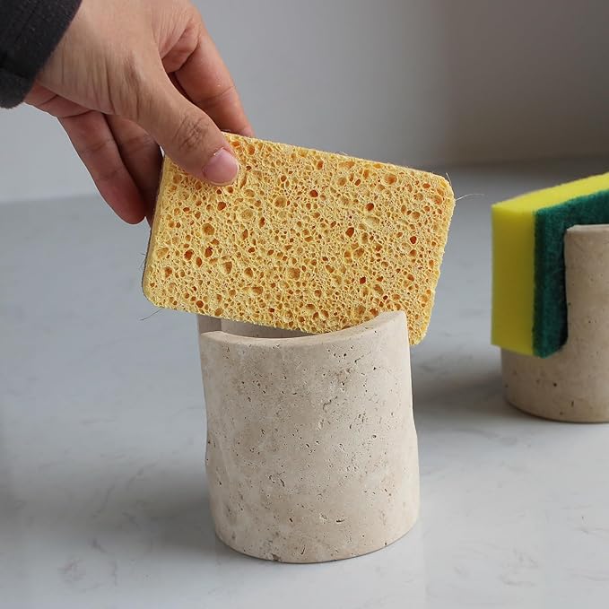 Nawgnail Natural Marble Travertine Sponge Holder for Kitchen Counter, Drying Rack, Sponge Caddy for Sink Organizer - Beige Travertine