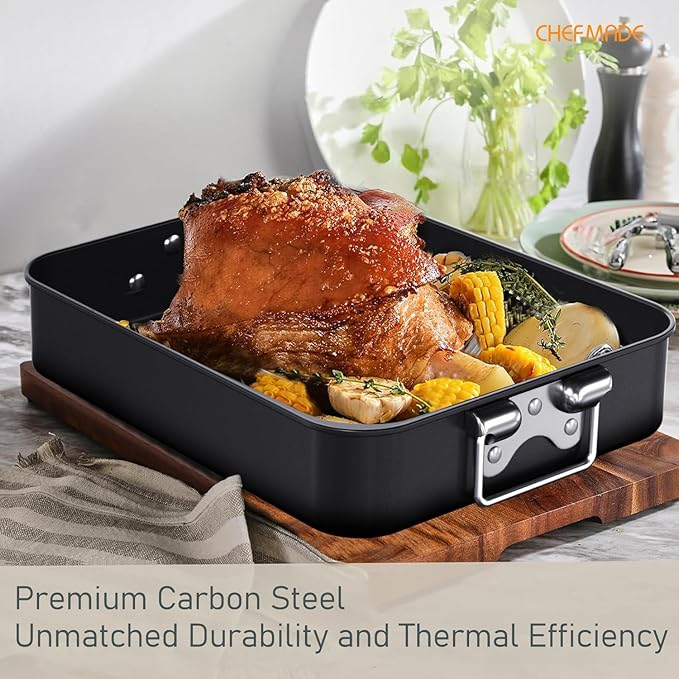 CHEFMADE Roasting Pan, 16-Inch Non-Stick Turkey Roaster Lasagna Pan with Rack - Rectangular Deep Dish Chicken Roaster Pan 16.3" x 12.52" x 3.11"(Black)