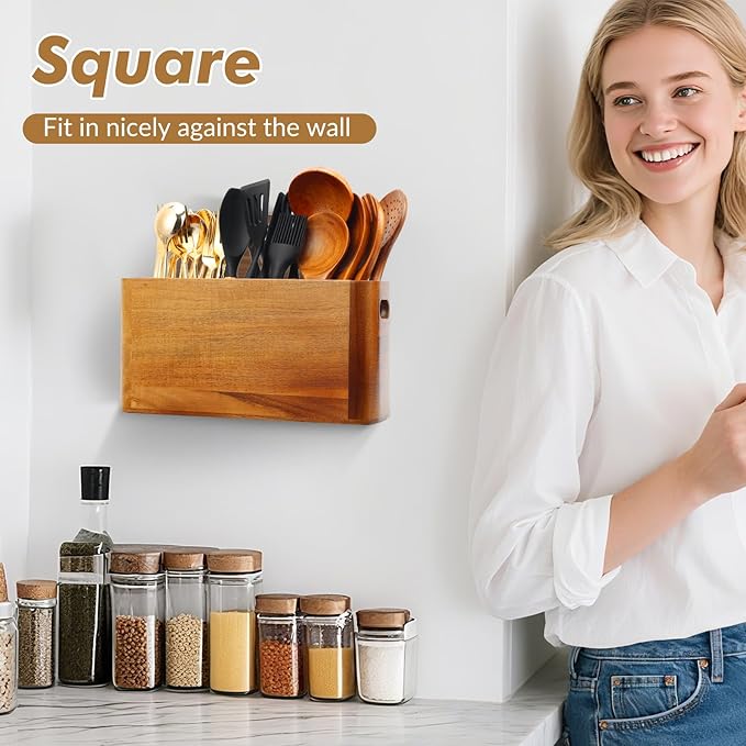 Kitchen Utensil Holder for Counter or Countertop, Extra Large Acacia Wood Organizer with 3 Compartments, Wooden Storage for Cooking and Silverware, Rustic Minimalist Decor, Sturdy Utensil Crock