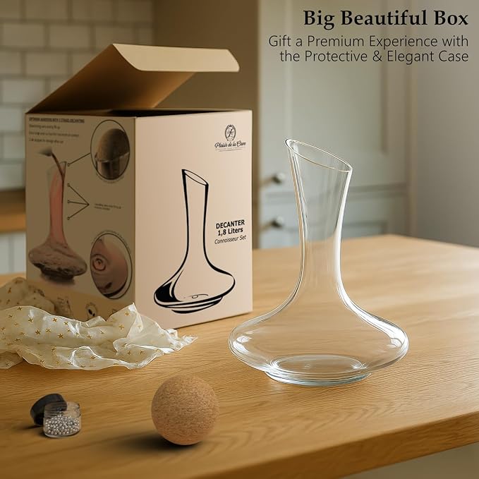 Wine Decanter & Accessories (Cork Stopper + Cleaning Beads) - 100% Lead-Free Crystal Wine Carafe – Unique Gift Idea