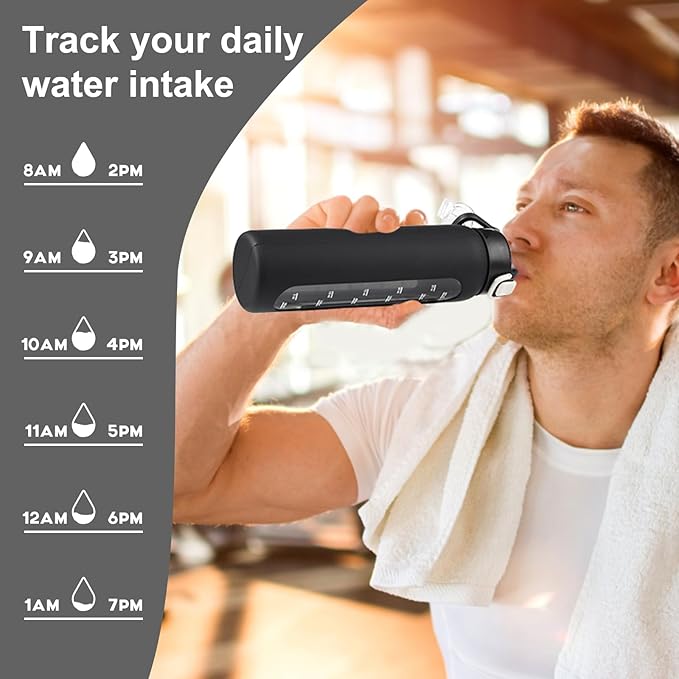 chunmo 24 oz Glass Water Bottles with 2 Lids-Handle Spout Lid & Straw Lid, Motivational Water Bottle with Time Marker and Silicone Sleeve,Leakproof-Black-1 Pack