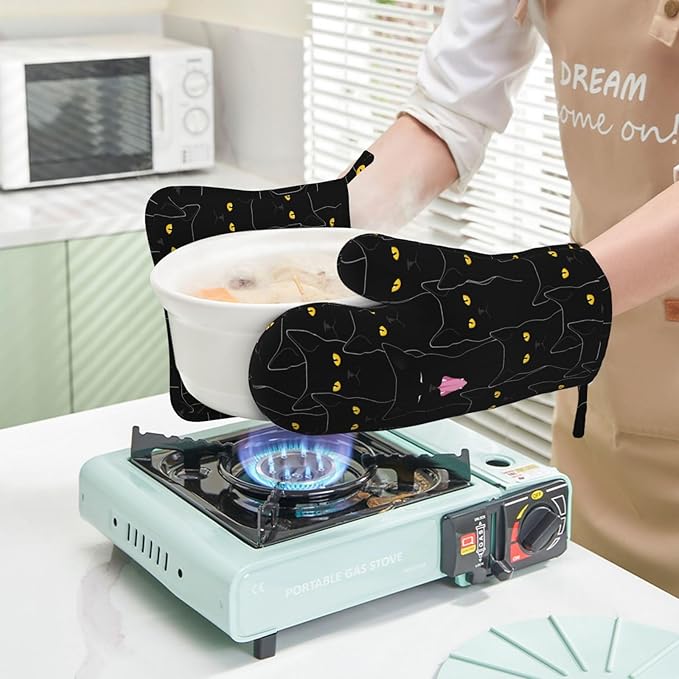 Fun Black Cat Oven Mitts and Pot Holders Set of 4 Silicone Heat Resistant Oven Mitten Potholders Non Slip Gloves Kitchen Decor for BBQ Cooking Grilling Baking