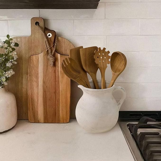 MIYUKI Rustic Kitchen Utensil Holder - 7.6 Inch Ceramic Utensil Crock for Countertop, Vintage Kitchen Counter Decor
