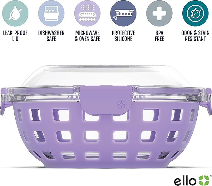 Ello Duraglass Meal Prep Container- Glass Food Storage Container with Silicone Sleeve and Airtight BPA-Free Plastic Lid, Dishwasher, Microwave, and Freezer Safe