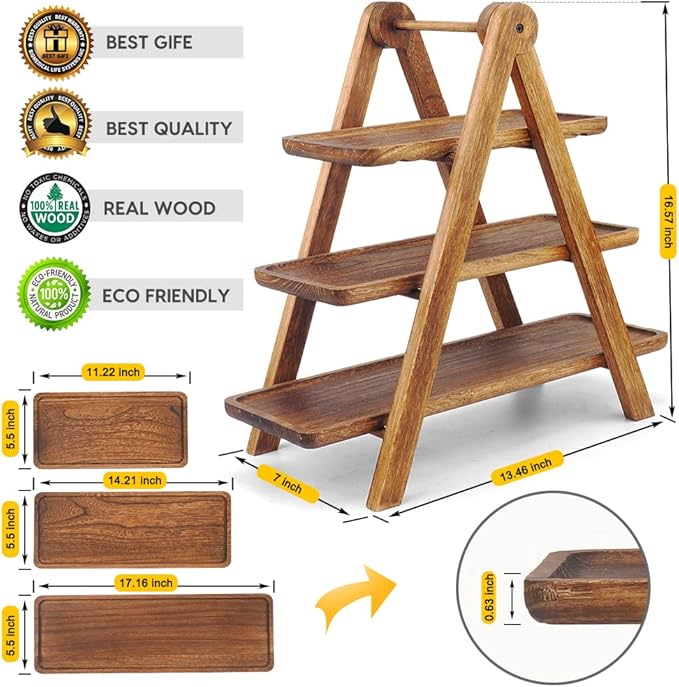 Manspdier Extra Large Wood 3 Tier Serving Tray Three Tiered Cupcake Stand, Rectangle Serving Platter Wooden Farmhouse Tiered Tray, Party Serving Brown Decorative Tray Decor