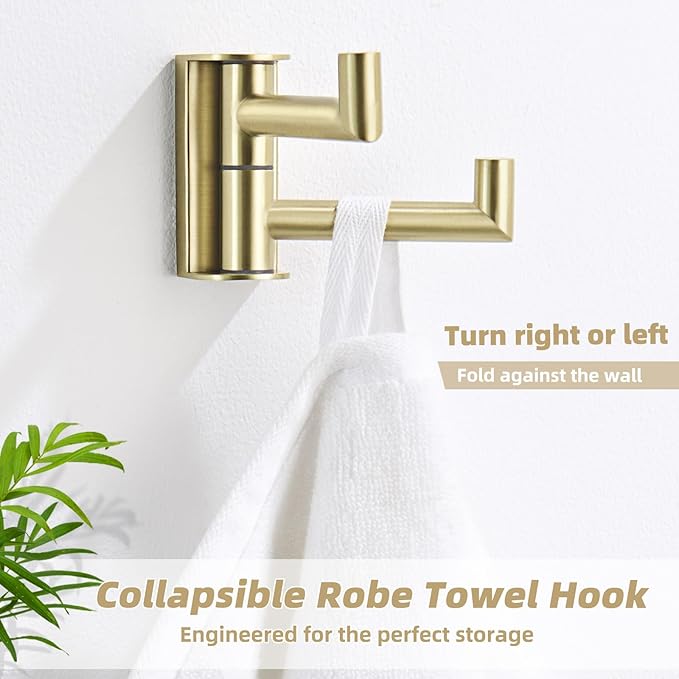 APLusee Brushed Gold Double Swivel Towel Hook, 304 Stainless Steel Foldable Towel Hanger, Space-Saving Wall Hook for Bathroom Kitchen RV
