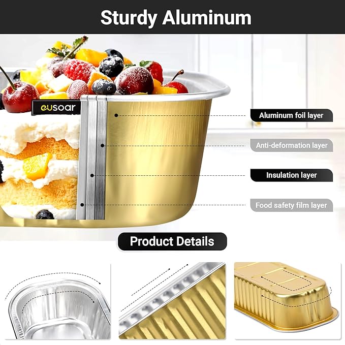 EUSOAR Gold Cupcake liners with Lids, 25pcs 6.8oz 6.5"x2.5"x1.2" Aluminum Disposable Mini Loaf Cake Pans with Lids，Cupcake Baking Cups Containers Ramekins, Dessert Cheesecake Creme Brulee Ramekins Pan
