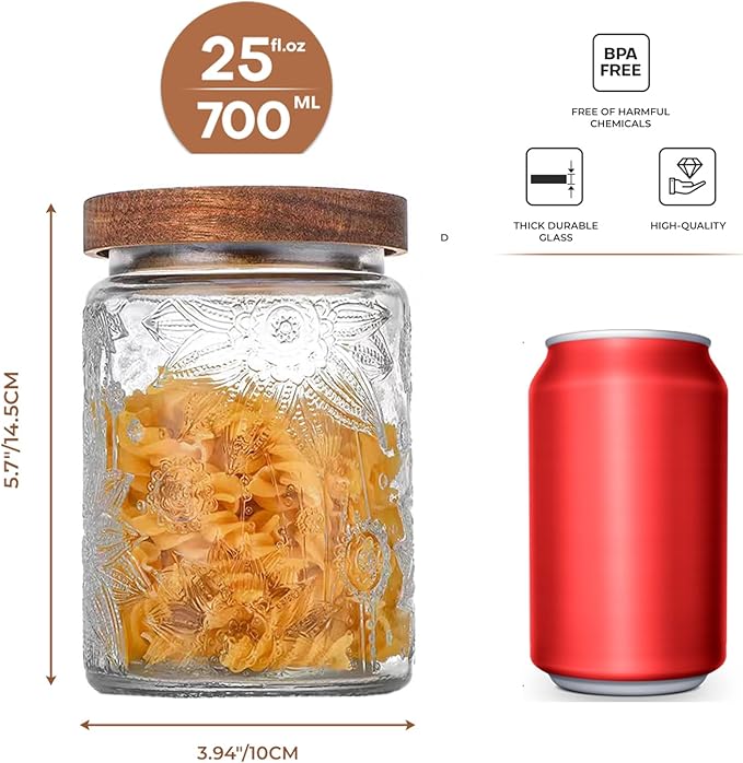 Adodeen 24oz Vintage Glass Canister With Lid Small Glass Jars Wide Mouth Mason Jars Airtight Coffee Canisters Kitchen Storage Containers For Sugar Tea Spice Flour Candy Cookie Cereal Cute Decorative