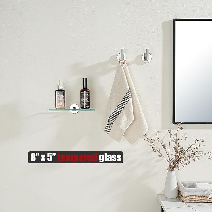 JQK Bathroom Glass Shelf Chrome, Tempered Glass Shower Storage 8 by 5 inches, 304 Stainless Steel Polished Chrome Wall Mount 2 Pack, TGS101L8-CH-P2