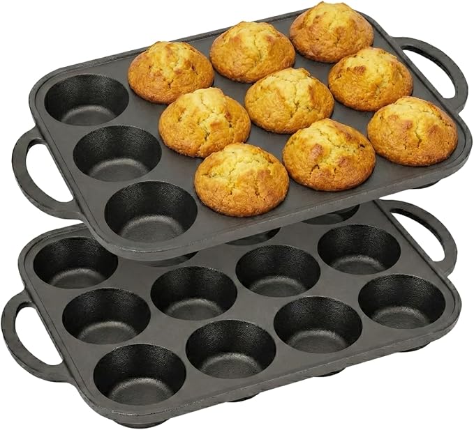 Flavehc 2pack Cast Iron Muffin Pans for Baking 12 Cup Regular Size Cupcake Pan with Handle Pre-Seasoned Muffin Pans Molds