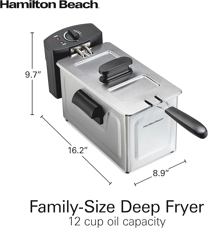 Hamilton Beach Family Style Electric Deep Fryer, Includes Frying Basket with Hooks, 1500 Watts, Easy Detach Magnetic Cord, 3 Liter / 12 Cup Oil Capacity, Stainless Steel (35220G)