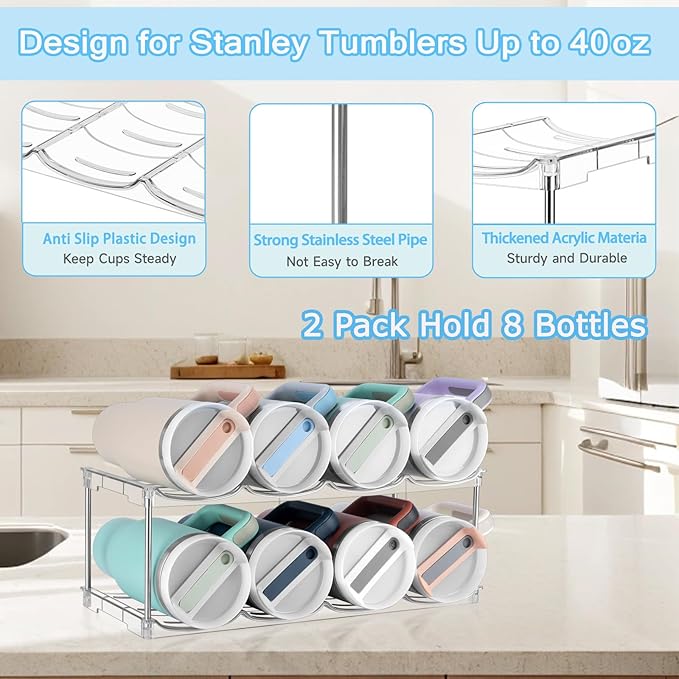 Stackable Water Bottle Organizer for Stanley 40 oz Tumbler, Larger Water Bottle Holder for Kitchen Cabinet, Pantry Organizers and Storage for Stanley Cup and Tumbler Organizer, Hold 8 Bottles