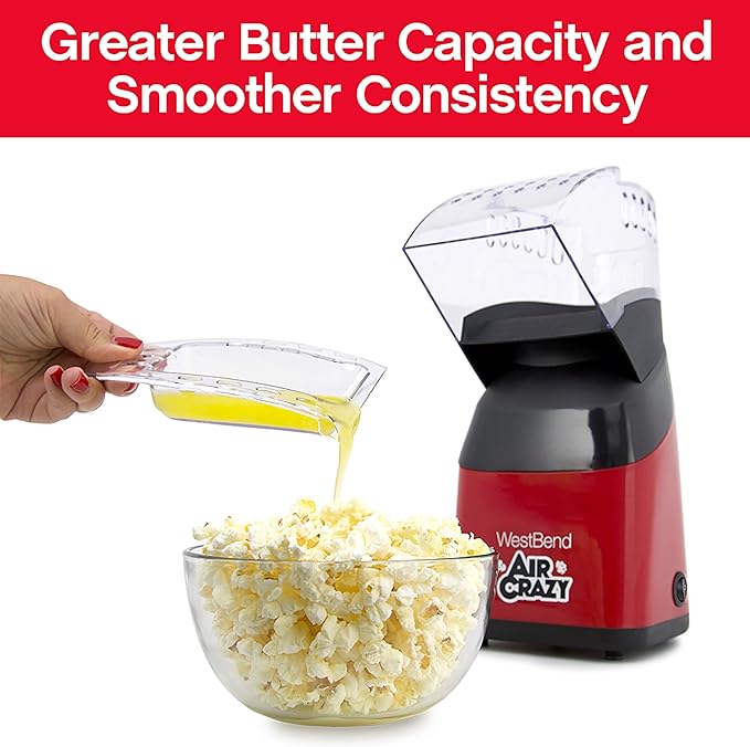 West Bend Air Crazy Hot Air Popcorn Popper Machine for Healthy Snacking with No Oil, Includes Dual-Purpose Measuring Cup & Butter Melter, 4-Quart, Red