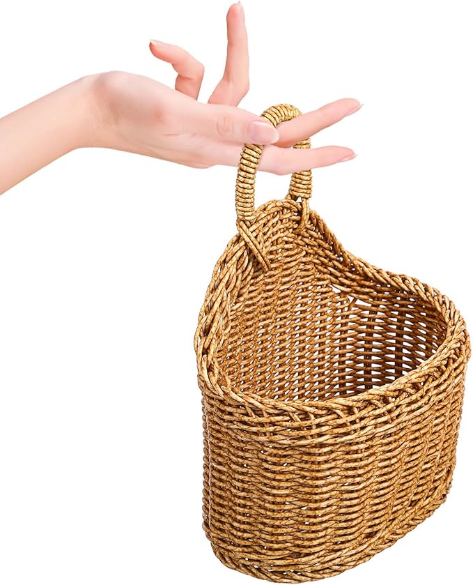 Cabilock Woven Hanging Storage Basket for Kitchen 9.64X7.48X3.93In Rustic Wall Organizer for Garlic Ginger with Large Capacity