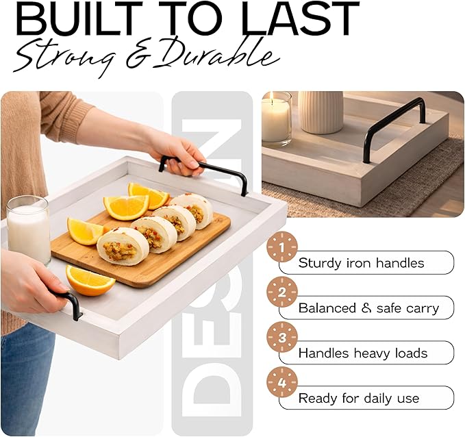 Besti Rustic Vintage Food Serving Trays (Set of 2) | Nesting Wooden Board with Handles | Stylish Farmhouse Decor Serving Platters | Large: 15 x2 x11” - Small: 13 x2 x9” inches (Rustic Off White)