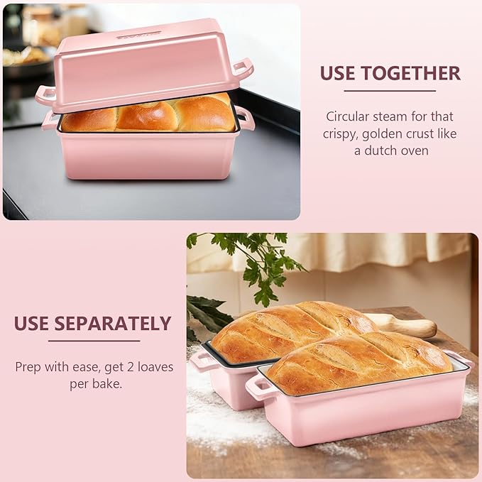 Wildone Enameled Cast Iron Bread Loaf Pan with Lid, 9x5 Sourdough Baking Pans for Homemade Bread, Cake, Meatloaf, Even Heating Bread Pans, 2-Piece Set, Pink