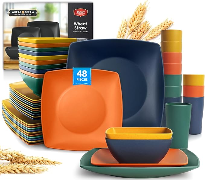 Teivio 48-piece Kitchen Plastic Wheat Straw Square Dinnerware Set for 12, Unbreakable Dinner Plates, Salad Plates, Snack Bowls, Tumblers 13.5 oz, Dishwasher Safe, Autumn Multicolor