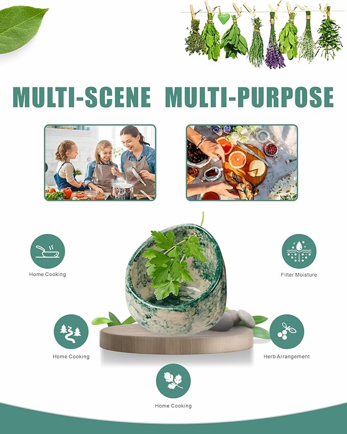 Handmade Ceramic Herb Stripper Bowl – Pottery Leaf Peeling Tool for Herbs & Greens, Multifunction Kitchen Gadget for Quick Herb Stripping & Grinding (Jade Green)