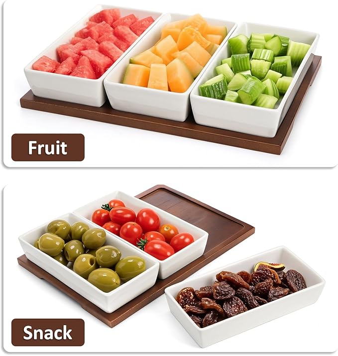 Elsjoy 3-Section Serving Tray, Wood Divided Serving Dish with Ceramic Bowls, 3-Compartment Food Platter Dipping Tray for Appetizer, Fruits, Bread