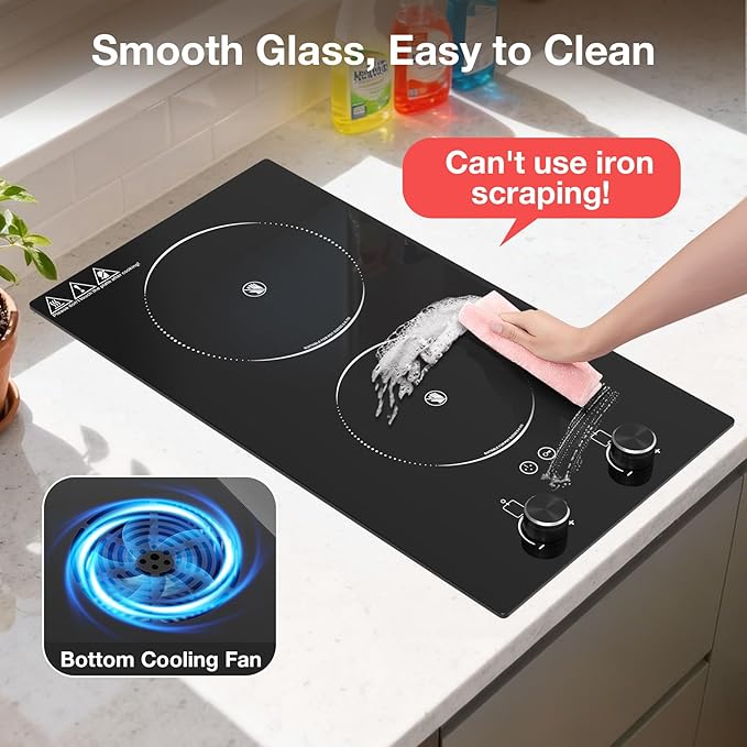 2100W Electric Cooktop 2 Burner: Electric Stove 110v-120v Hot Plate, Knob Control Countertop & Built-in Ceramic Cooktop 9 Power Levels, Child Lock, Timer, Suitable for all Pans