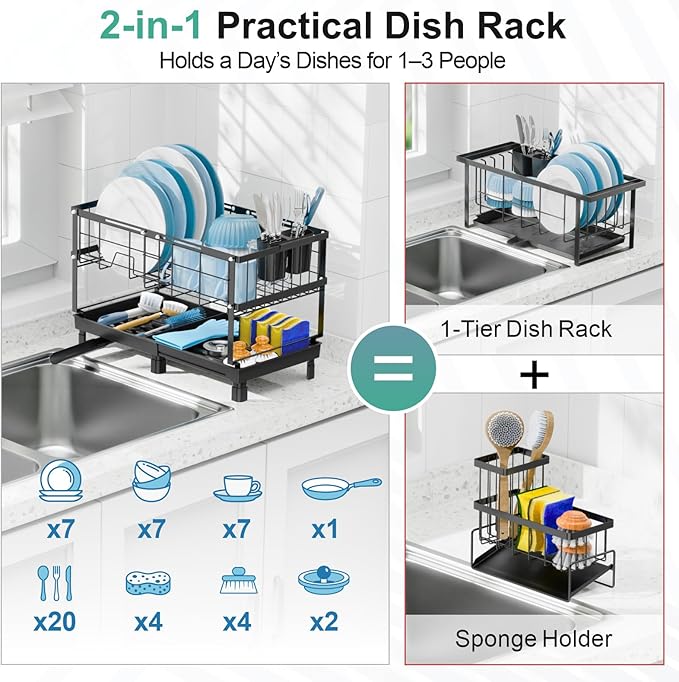 GSlife Large Dish Drying Rack - 2 Tier Dish Rack for Kitchen Counter, Expandable Capacity Dish Drainer Rack with Removable Cutlery Holder, 15.7''-20.7''L x 9.8" D x 13.4" H, Black