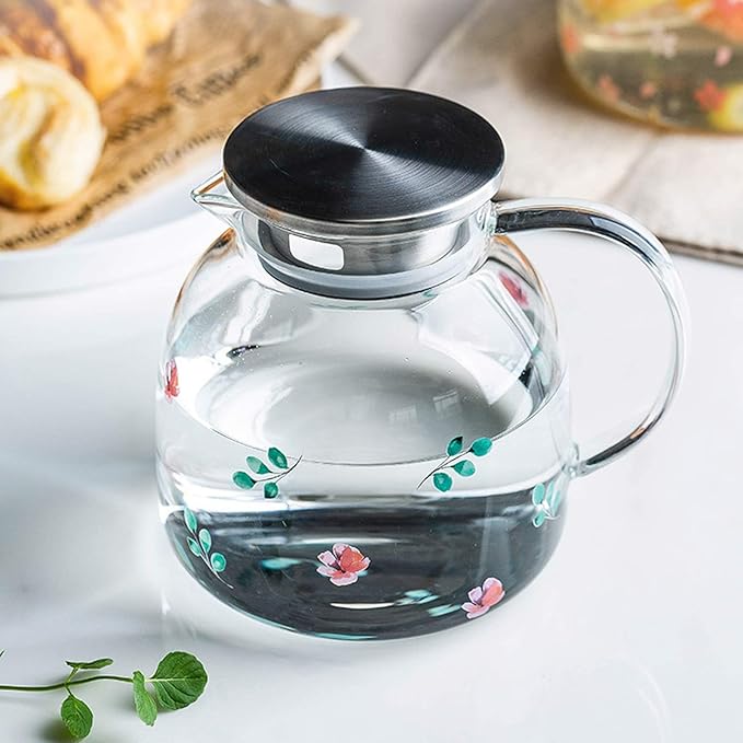Pitcher 50 Oz Glass Pitcher With Stainless Steel Filter Cover Glass Carafe Is Made of Borosilicate Material Can Stand High Temperature Hot/Cold Water Carafe