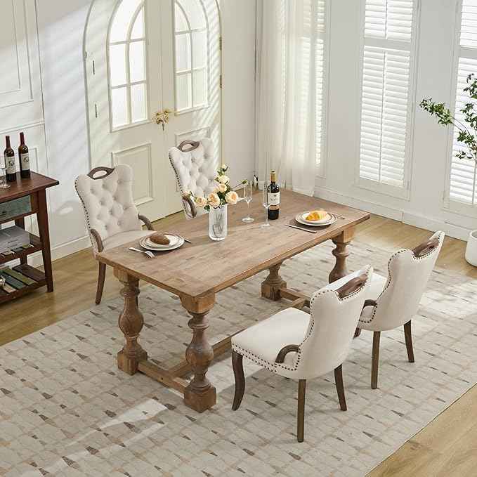Beige Velvet Dining Chairs Set of 4，Modern Upholstered Dining Room Chairs with Tufted Back and Wood Accents, Curved Solid Wood Legs & Nailhead Trim, Sillas De Comedor Modernas 4