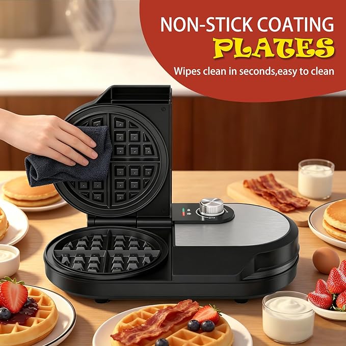Double Waffle Maker, 6.5" Belgian Waffle Maker with 2 Independent Adjustable Temp Knobs, 1200W Waffle Iron with Nonstick Plates for Breakfast and Snacks, Easy to Clean, Stainless Steel, Black