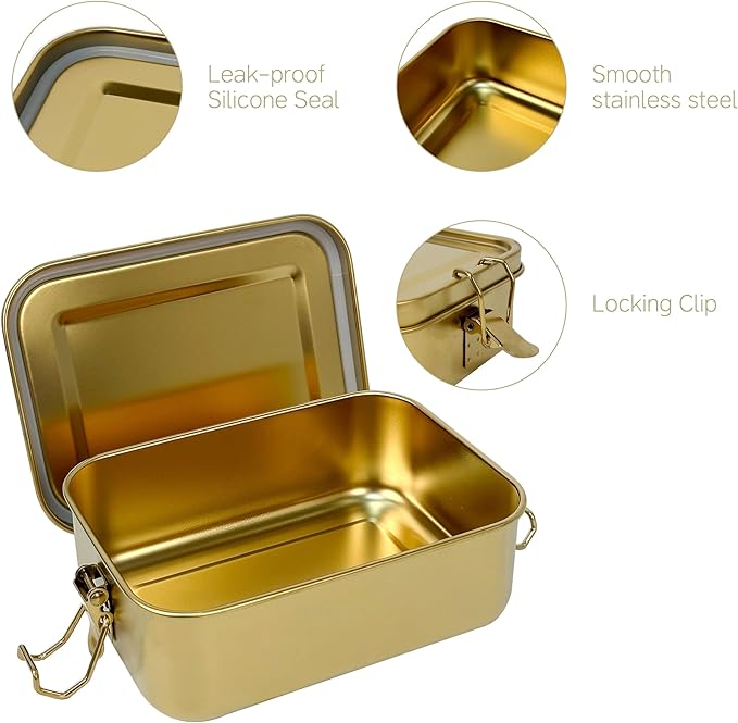 3-Pack 1200ml (40.6 oz) Stainless Steel Gold Color Bento Lunch Box Containers with Lids - Waterproof Metal Food Storage - Snack Prep Trays and Tiffin Carriers