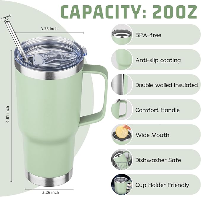 20 oz Tumbler with Handle Stainless Steel Insulated Coffee Mug Tumbler with Lid and Straw Double Wall Vacuum Insulated Coffee Mug Leak Proof Travel Mug Tumbler for Hot and Cold Drink (Green Tea,4pack)
