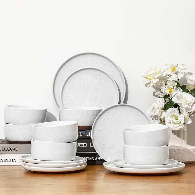 GZG Ceramic Dinner Plates Set of 4, 10.25 Inch Speckled Stoneware Plates with Clay-Tone Base, Large Ceramic Plates for Steak, Salad, Pizza, Microwave Oven Dishwasher Safe