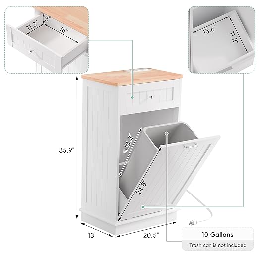 Betterhood Double Tilt Out Trash Cabinet with Power Outlet, 10 Gallon Trash Cabinet with Storage,Pet Proof Trash Can with 2 AC & USB Sockets for Kitchen,Living Room (White, Single Door)