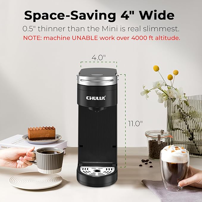 CHULUX Slim Single Serve Coffee Maker for K Pods, One Cup Coffee Maker Fits 7.3" Travel Mugs, Coffee Machine with 6 to 12oz Brew Sizes