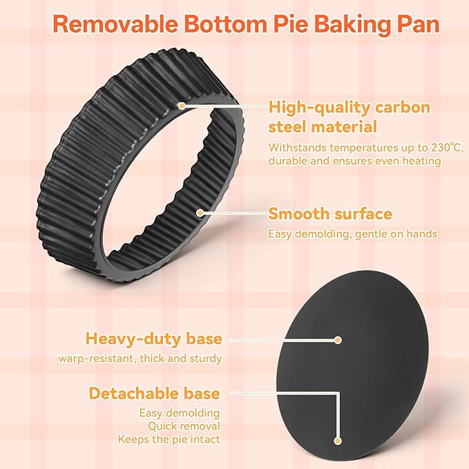 2 PCS 9.5 Inch Tart Pan 2.2 Inch Deep, Tart Pan Removable Bottom Carbon Steel Pie Pans Non-Stick Carbon Steel Pie Pans Non-Stick Round QuichePans Baking Dish with Fluted Edges Fruit Tarts Mold