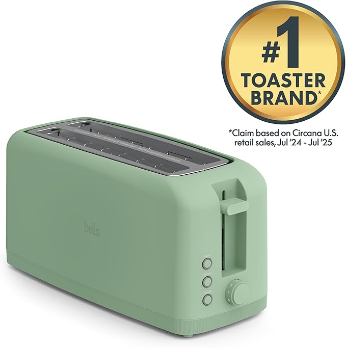 bella 4 Slice Slim Toaster, Fits-anywhere™ Kitchenware, 6 Setting Shade Control with Reheat & Cancel Buttons, Fits Sourdough, 10” Long Slot, Anti Jam & Auto Shutoff, 900 Watt, Seaglass
