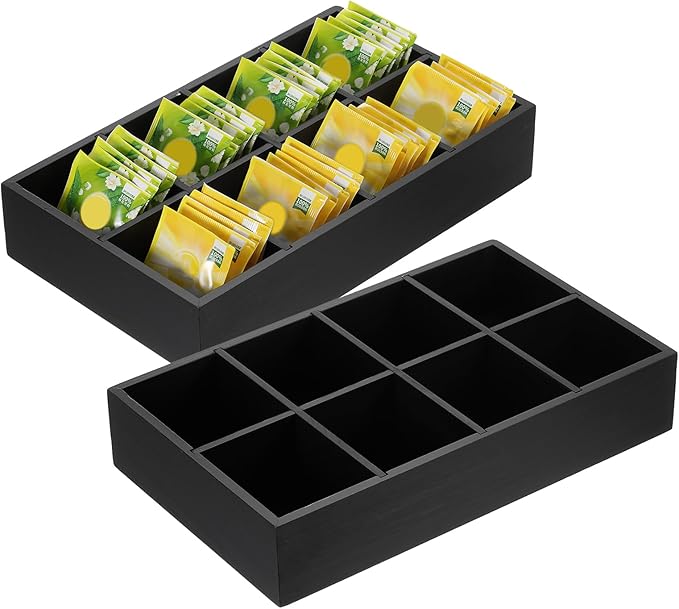 uxcell Tea Bag Organizer, 8 Compartments Pine Wood Tea Box with Handle, Tea Storage Organizer Holder for Tea Bags, Beverage Supplies Sugar Packet, Black
