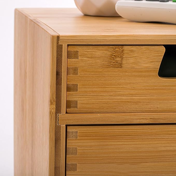 DEAYOU Bamboo Desk Organizer, 100% Natural Bamboo Desktop Drawer Organizer, Tabletop Storage Cabinet Organization Box with 4 Drawers for Makeup, Letter, Home Office Supplies, 3-Layer, Fully Assembled