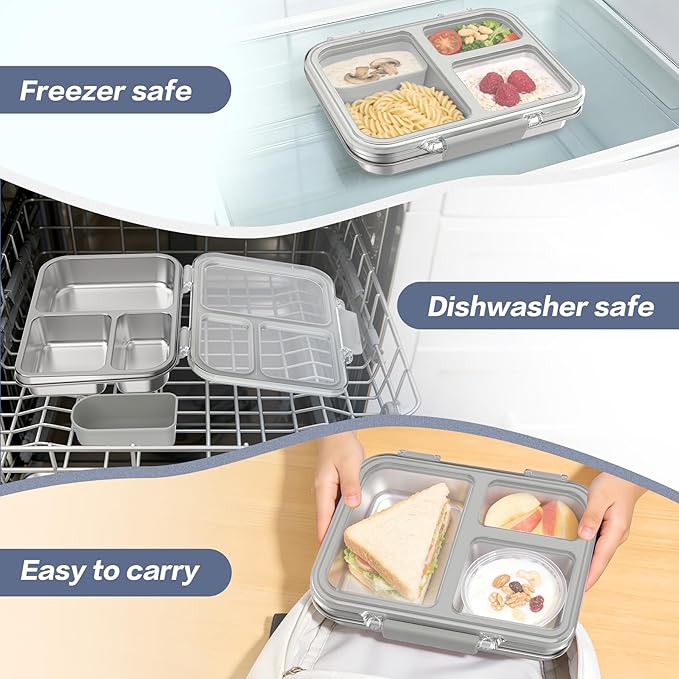 Stainless Steel Bento Box for Kids, 3-Compartment Metal Lunch Box with Clear Lid & Removable Silicone, Lunch Box Kids with Silicone Inner Container for Meal Prep, School, Office (Grey)
