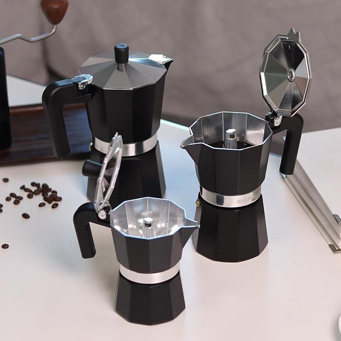 Sivaphe Aluminum Moka Pot 3 Espresso Cups, Percolator Espresso and Coffee Maker, Portable Stovetop Italian and Cuban Café Brewer for Home and Camping Black