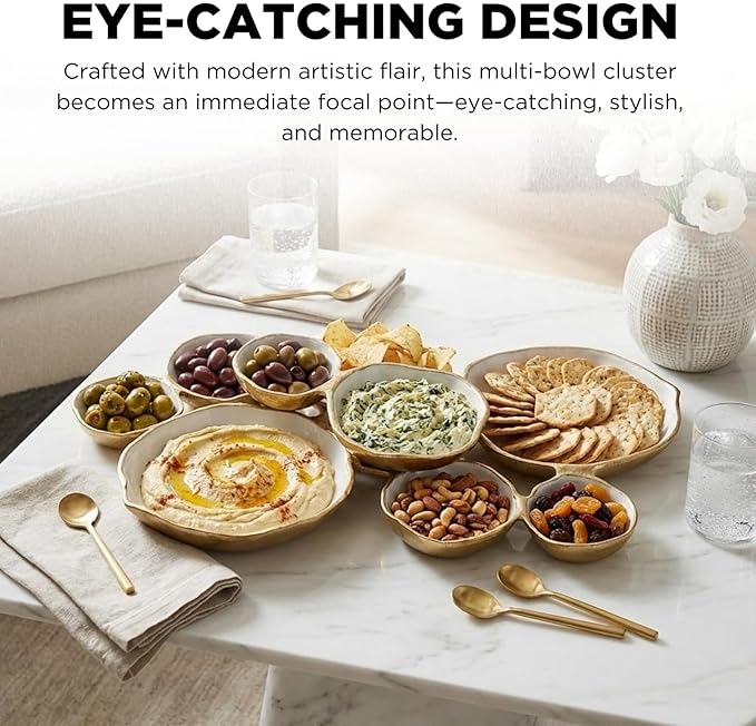 Cluster of 9 Round Serving Bowls Enamel Clusters Decorative Elegant Snack Tray for Olives, Chip & Dip, Nuts, Appetizers & Entertaining Strong Brass & Enamel Home Decor Gifts, Parties & Weddings 22"