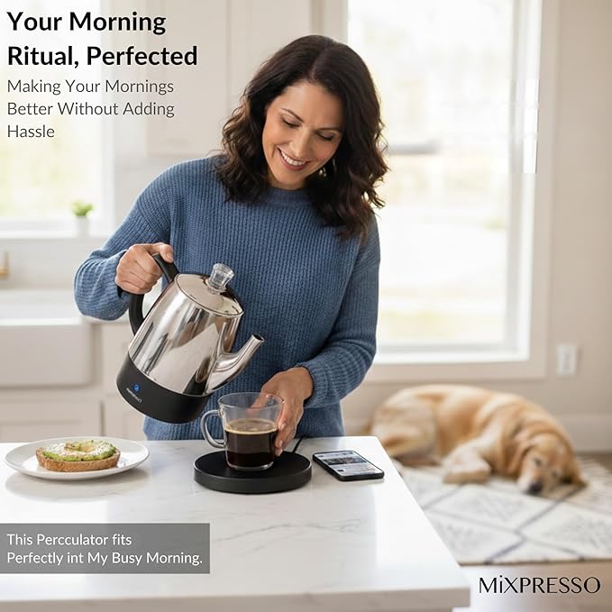 Mixpresso Small Electric Percolator Coffee Pot 4 Cup Stainless Steel - Coffee Percolator Electric with Keep Warm Function - Auto Shut-Off for Safe Daily Brewing