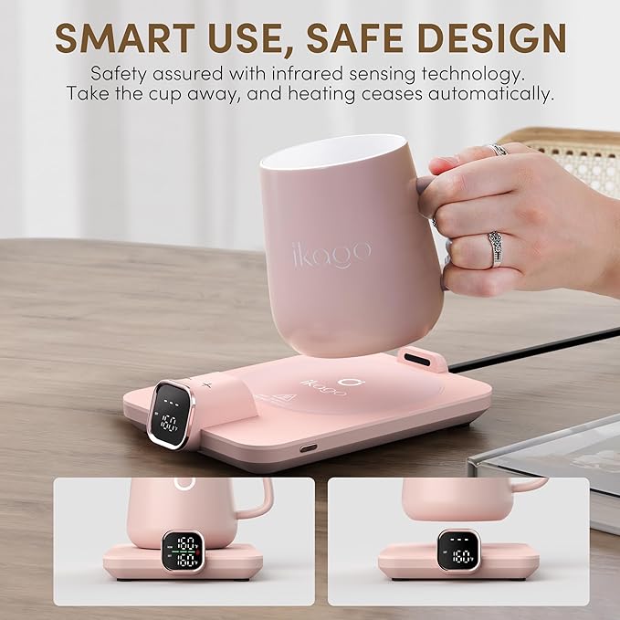 Coffee Mug Warmer & iKago Mug Set, Accurate Temperature Control Smart Heated Mug for Desk, Electric Coffee Warmer with Auto Shut Off & Real-Time Temp Display, Gifts for Men Women, 15oz Ceramic Mug
