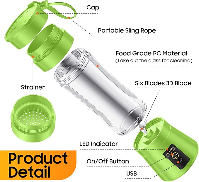 Portable Blender for Smoothies & Shakes - Cordless Personal Size Blender with 6 Blades, 380Ml Juice Cup, Lightweight & Rechargeable, Freshly Squeezed for Picnic/Sports/Office