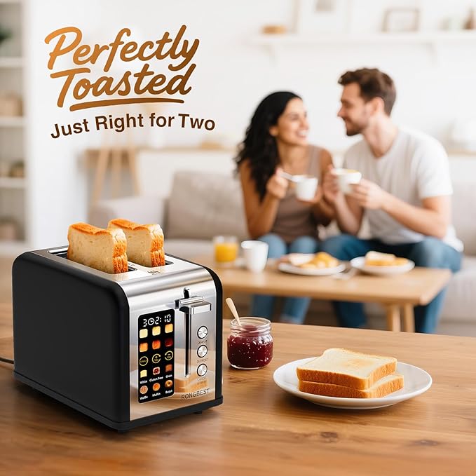 2 Slice Touch Screen Toaster Stainless Steel with Wide Slots, Even Toasting for Bagels & Bread, Defrost & Reheat, Easy Removable Crumb Tray, Matt Black